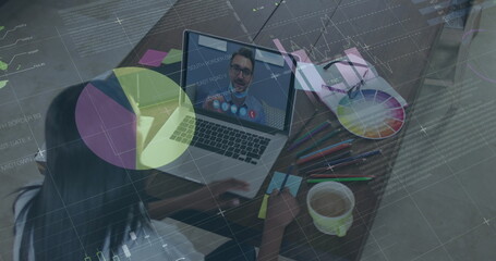 Poster - Image of financial graphs and data over african american female designer having image call