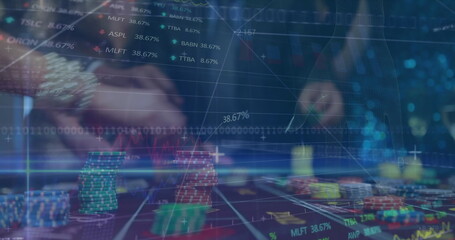 Poster - Image of financial data processing and globe over diverse people in casino