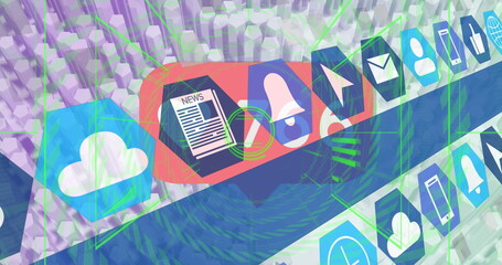 Poster - Image of digital icons and heart icon with increasing numbers against concentric shapes