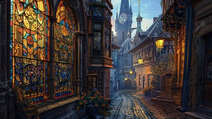 Enchanted medieval street with stained glass windows for fantasy or vintage designs