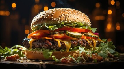 hamburger full of meat and vegetables and melted mayonnaise on a wooden table and blurred background