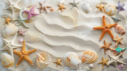 Sandy background with colorful starfishes and seashels.