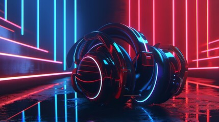 Wall Mural - Futuristic headphones with neon lights for music or technology themed designs