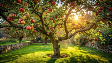 Ancient tranquil garden scene featuring a lush apple tree with ripe fruit, serpentine shadows, and subtle hints of temptation, eerily devoid of humanity.