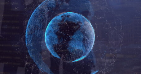 Poster - Image of interface with data processing over a globe against blue background