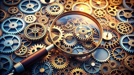 Complex network of gears and cogs background with a large magnifying glass dominating the center, symbolizing in-depth business analysis and strategic planning.