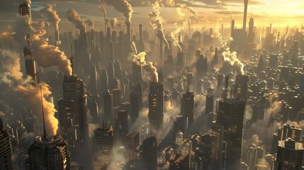 Wall Mural - A scifi inspired cityscape with towering buildings and steam rising from the ground due to the advanced geothermal technology used to power the city.