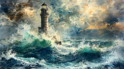 Wall Mural - Lighthouse in a storm, dramatic seascape painting