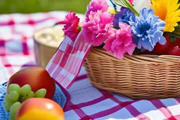 Poster - A wicker picnic basket filled with a vibrant assortment of seasonal fruits and blooming flowers sits on a red and white checkered blanket. Perfect for summer outings, nature themes, or healthy eating 