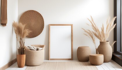 mockup frame in nomadic boho interior background with rustic decor, 3d render