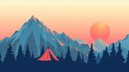 Minimalist mountain landscape illustration with a tent for camping themed designs