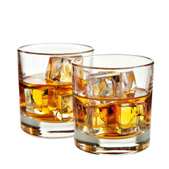 Two glasses of whiskey with ice cubes in them. isolated on transparent background