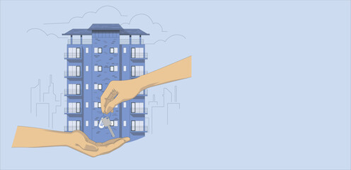 Real estate agent giving keys to new flat. Male hand giving keys for property buying. Real estate, buy a home concept. Hand holding key with house keychain in modern interior. Mortgage concept. vector