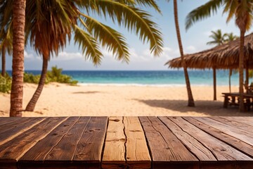 Wall Mural - Empty wooden table top counter with palm trees summer beach, backdrop background