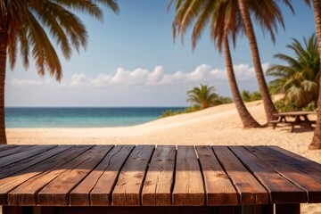 Wall Mural - Empty wooden table top counter with palm trees summer beach, backdrop background