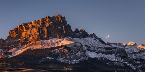 Canvas Print - Peak Majestic Rocky Mountain is snowy with a clear morning sky with a crescent moon in the background.