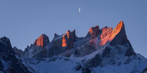 Canvas Print - Peak Majestic Rocky Mountain is snowy with a clear morning sky with a crescent moon in the background.