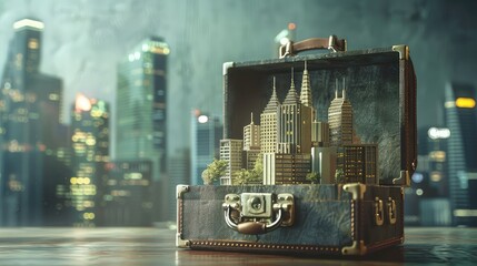 A photograph of a miniature cityscape inside the vintage suitcase with a blurred background of a real cityscape.