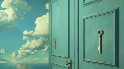 Wall Mural - Open door to a new horizon with a golden key