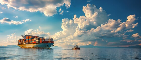 cargo ship with containers on the sea, small boat near it