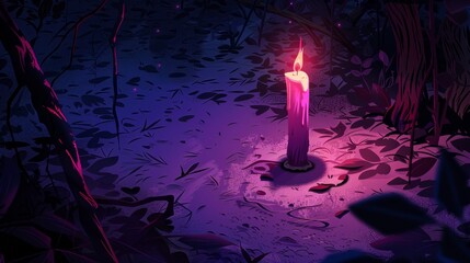 Wall Mural - Pink candle in a dark forest for halloween designs