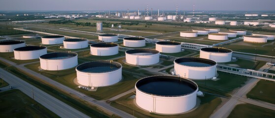 Wall Mural - aerial view of oil storage tanks with white walls and massive industrial structures and large energy center