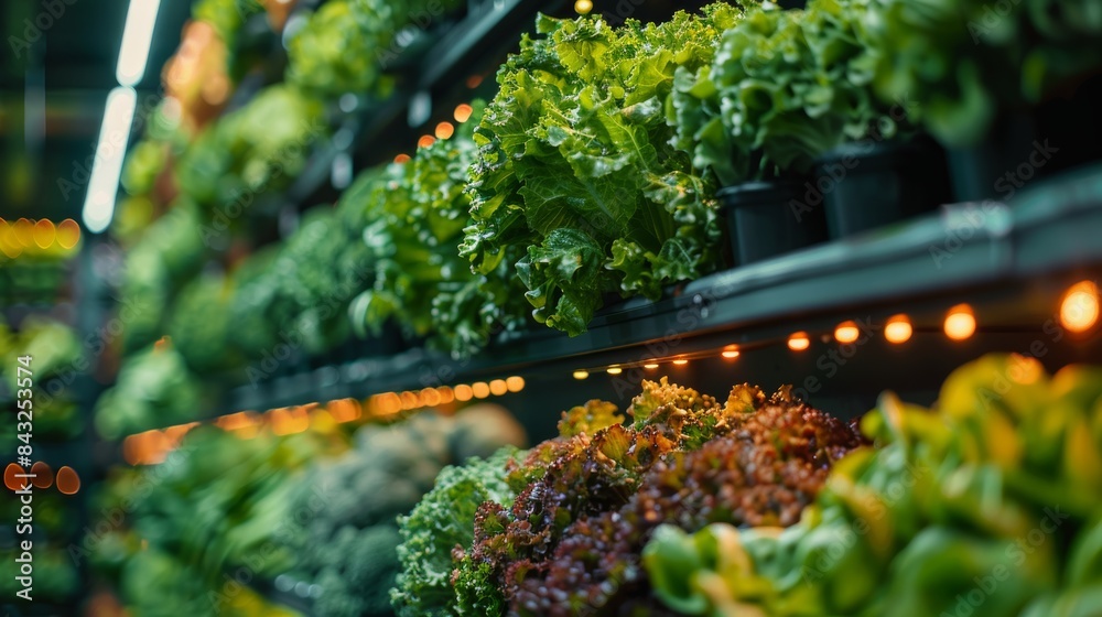 High-tech vertical farming shelves with multiple layers of vegetables ...
