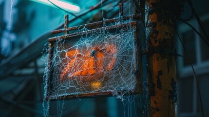 Wall Mural - Red web in a rainy city street for halloween or horror designs