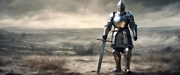 Medieval knight, armor and shining sword, standing