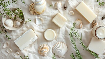 Top view of natural skincare products including soaps, shells, and herbs laying on a soft fabric background.