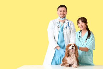 Poster - Veterinarians with cute dog on table against yellow background