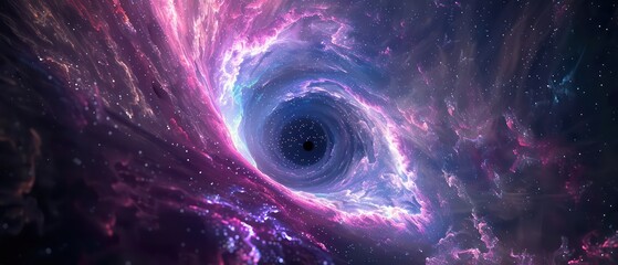 swirling galaxy of neon blue, purple, and pink liquids forms a dynamic vortex around a supermassive 