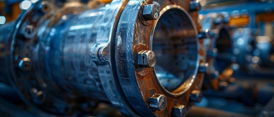 Wall Mural - Detailed view of a flange with visible welding seams, capturing the raw, unfinished look of the metal, against a factory background