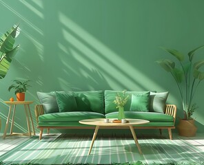 Wall Mural - Green living room interior with a sofa and coffee table against the wall mock up, front view