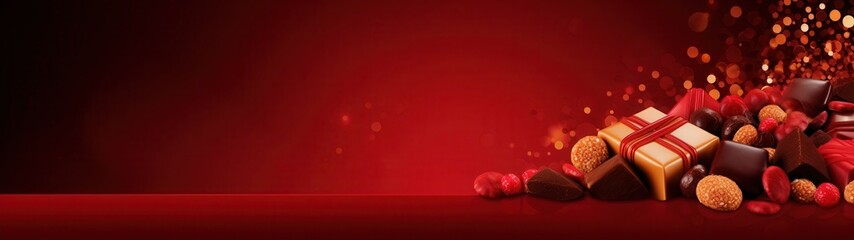 Wall Mural - assortment of delicious chocolate candies on red background