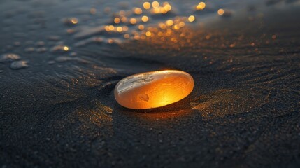 Poster - Glowing amber stone on dark beach at sunset