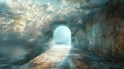 Wall Mural - Stone archway leading to a heavenly sky with a sea horizon for spiritual or fantasy themed designs