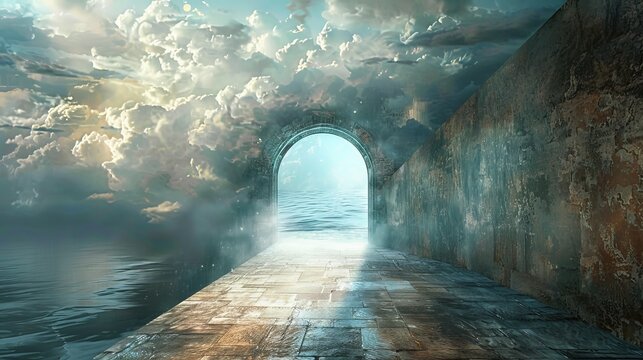 Stone archway leading to a heavenly sky with a sea horizon for spiritual or fantasy themed designs