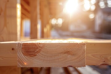 Sticker - Closeup of wooden plank with sunlight and blurred background