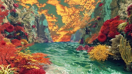 Wall Mural - Surreal fantasy landscape with red corals and a green ocean for imagination themed designs