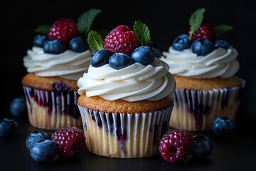 Sticker - Delicious cupcakes with fresh berries and cream topping