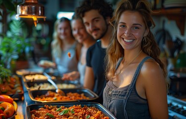 Friends enjoying a pasta meal together at home, celebrating and sharing the joy of a family dinner