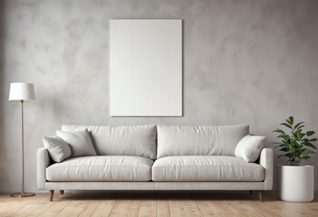 Wall Mural - grey sofa interior with blank poster copy space and potted plant
