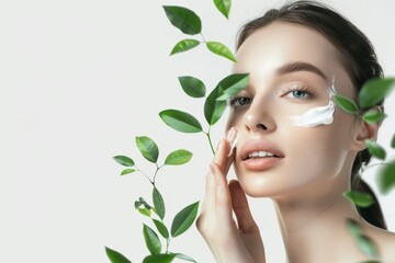 Wall Mural - A beautiful woman with clean, healthy skin was applying cream to her cheeks against a white background with green leaves next to her hands. Skincare concept, beauty concept