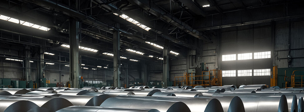 Rolls of metal sheet. Zinc, aluminium or steel sheet rolls on in factory.	