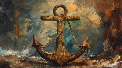 Poster - Vintage rusty anchor in a stormy sea for nautical themed designs