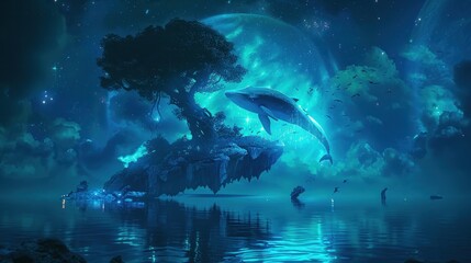 Wall Mural - Submerged fantasy realm. Fantasy nighttime scene set in the future, complete with abstract island, moonlight, neon lights and unreal world, a fish, a whale