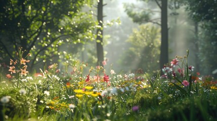 Natural dorest of woods with sunbeams through fog and leaves branch create mystic atmosphere. sunny morning in green forest