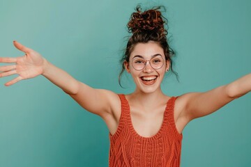 Aufkleber - A woman dressed in a red knitwear singlet smiles brightly with open arms against a turquoise background, showcasing an exciting sale. Generative AI
