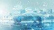 © auttawit - A futuristic car is shown in a city with a lot of buildings. The car is surrounded by a lot of technology, including a screen on the front of the car. Scene is futuristic and advanced